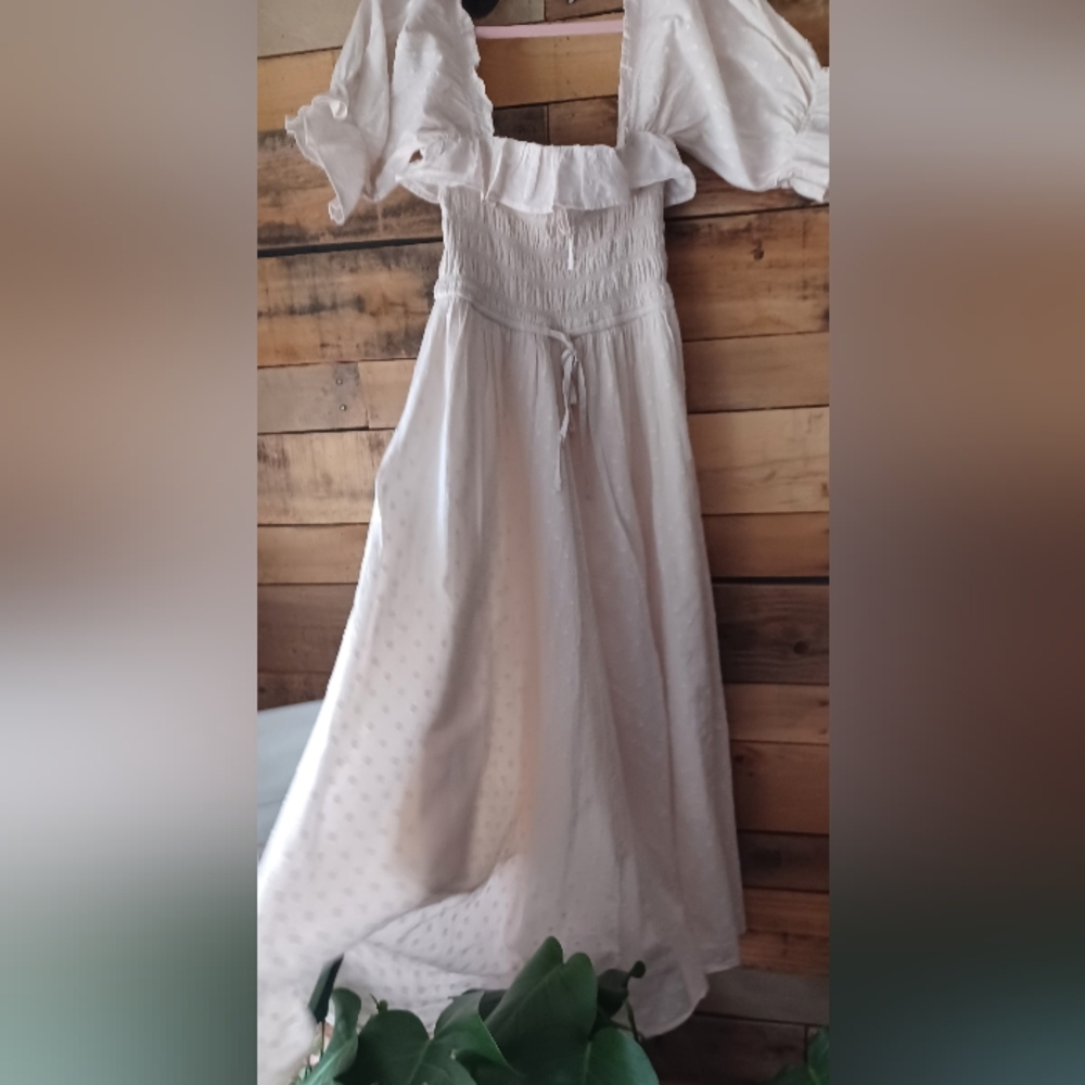 Smocked Cream Maxi Dress with Puff Sleeves - Picture 8 of 13